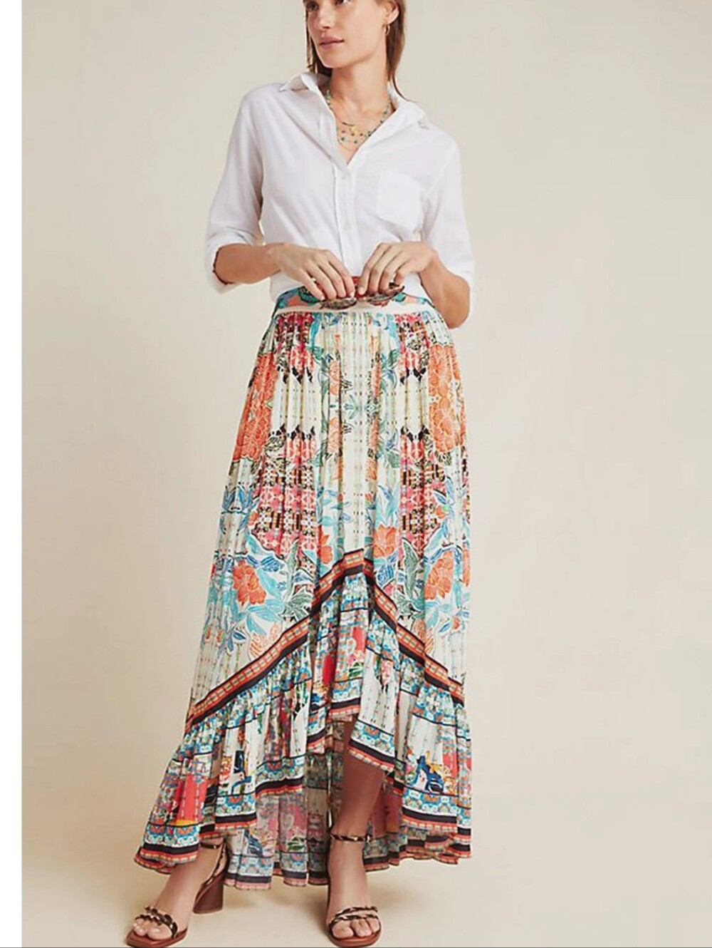 Bhanuni by Jyoti White Viscose Crepe Floral Printed High-Low Skirt Size 10